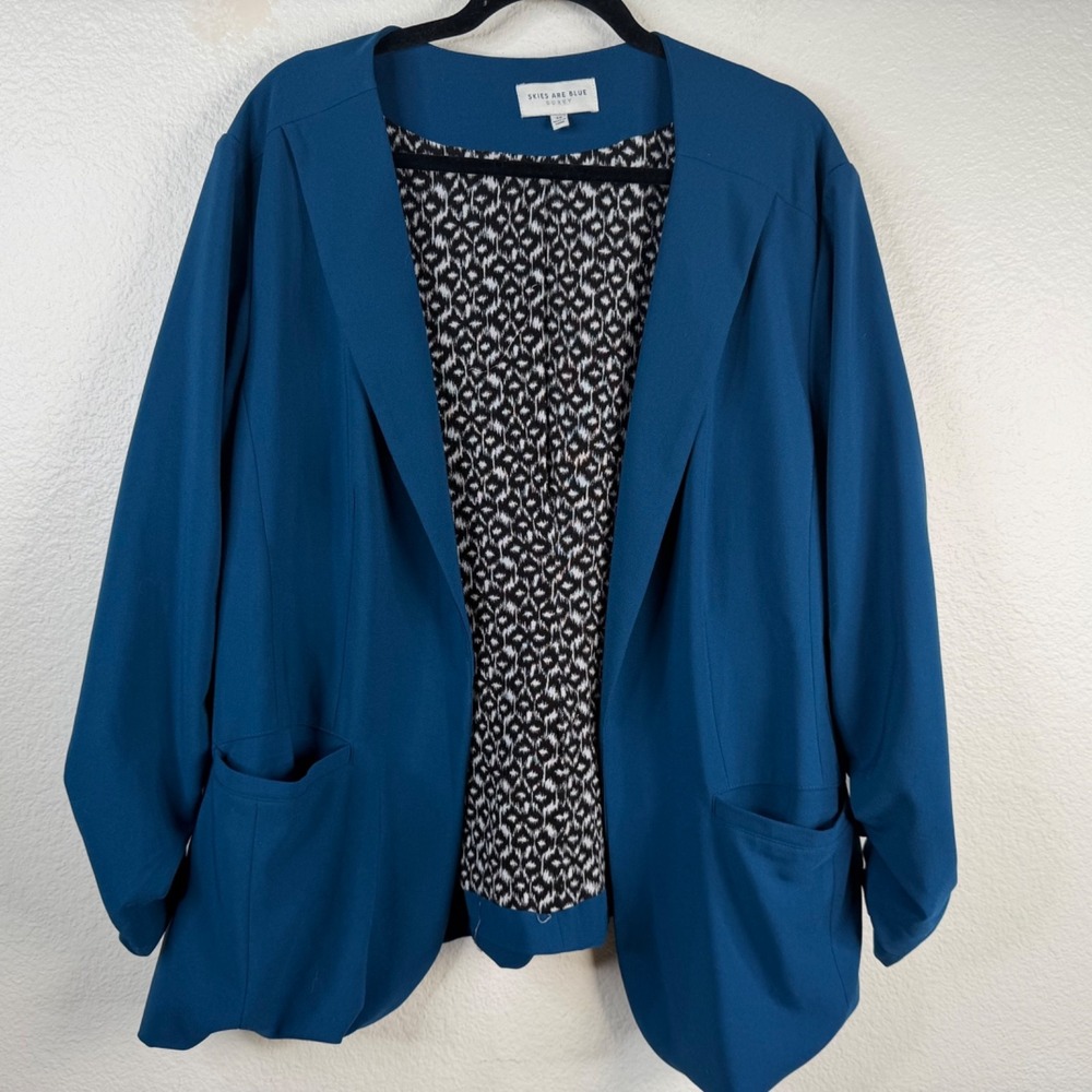 Skies Are Blue Teal Ruched Sleeve Blazer Jacket Women's 3X Pattern Lining Career